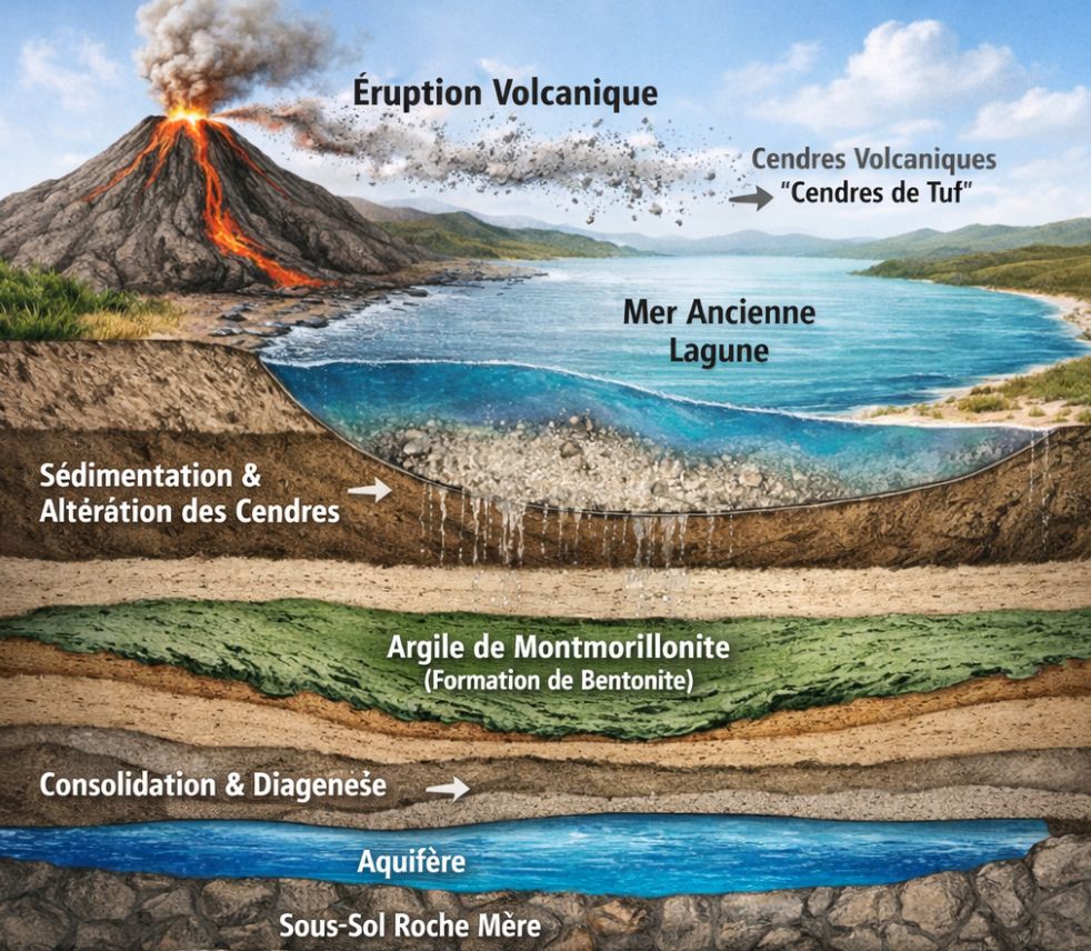 schéma de formation géologique de la bentonite