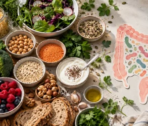 Légumes secs, céréales, fruits rouges et légumes frais disposés autour d&rsquo;une illustration de l&rsquo;intestin