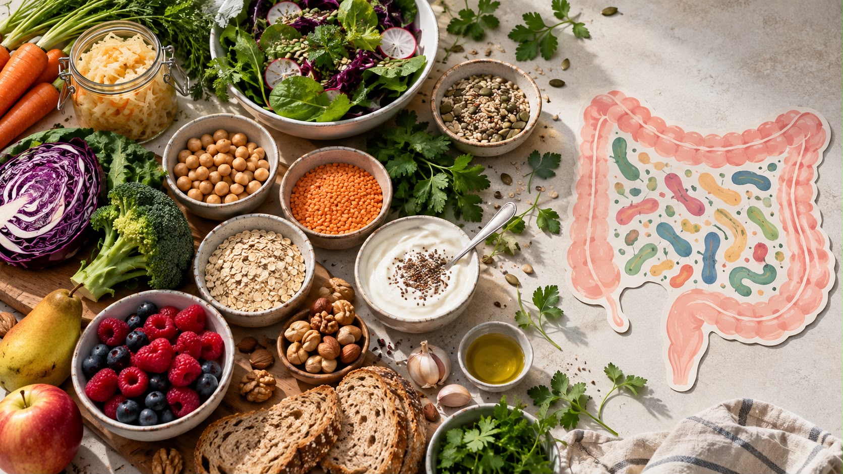 Légumes secs, céréales, fruits rouges et légumes frais disposés autour d&rsquo;une illustration de l&rsquo;intestin